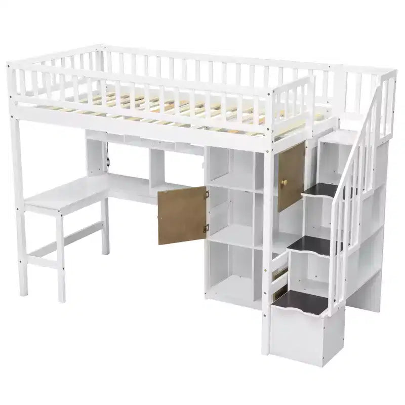 Twin Size Loft Bed with Desk & Storage Stairs, Wood Loft Bed Frame with LED Lights, Storage Shelves and Cabinets