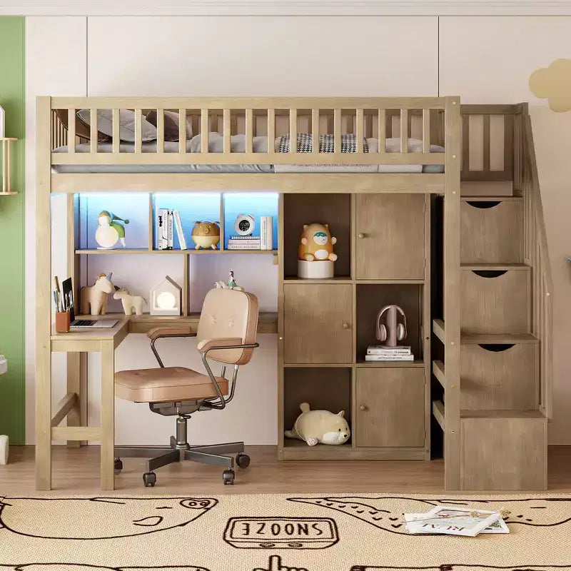 Twin Size Loft Bed with Desk & Storage Stairs, Wood Loft Bed Frame with LED Lights, Storage Shelves and Cabinets