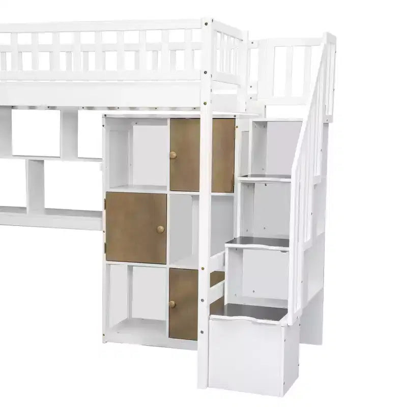Twin Size Loft Bed with Desk & Storage Stairs, Wood Loft Bed Frame with LED Lights, Storage Shelves and Cabinets