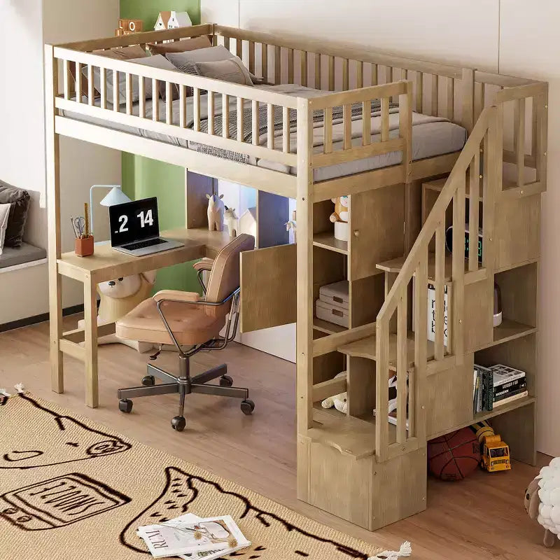 Twin Size Loft Bed with Desk & Storage Stairs, Wood Loft Bed Frame with LED Lights, Storage Shelves and Cabinets