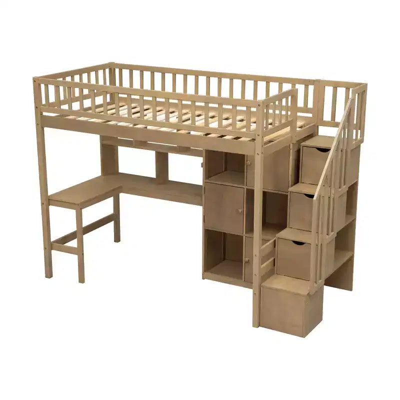 Twin Size Loft Bed with Desk & Storage Stairs, Wood Loft Bed Frame with LED Lights, Storage Shelves and Cabinets