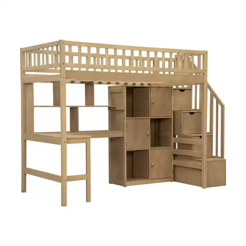 Twin Size Loft Bed with Desk & Storage Stairs, Wood Loft Bed Frame with LED Lights, Storage Shelves and Cabinets