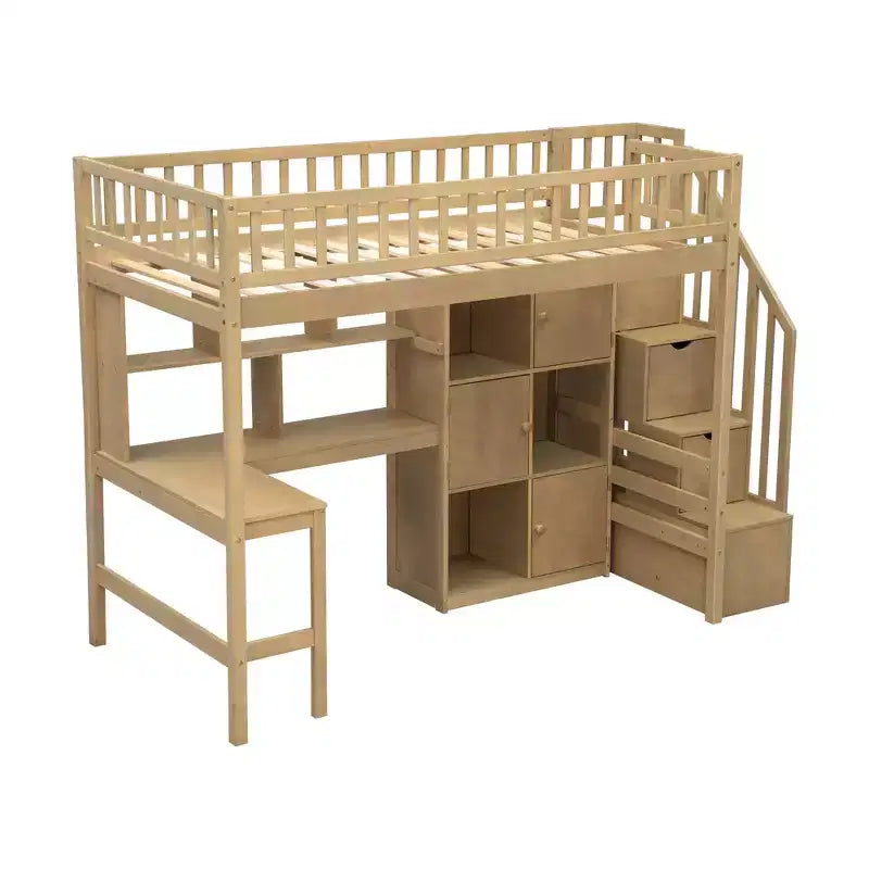 Twin Size Loft Bed with Desk & Storage Stairs, Wood Loft Bed Frame with LED Lights, Storage Shelves and Cabinets