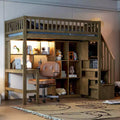 Twin Size Loft Bed with Desk & Storage Stairs, Wood Loft Bed Frame with LED Lights, Storage Shelves and Cabinets