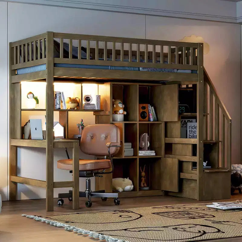 Twin Size Loft Bed with Desk & Storage Stairs, Wood Loft Bed Frame with LED Lights, Storage Shelves and Cabinets
