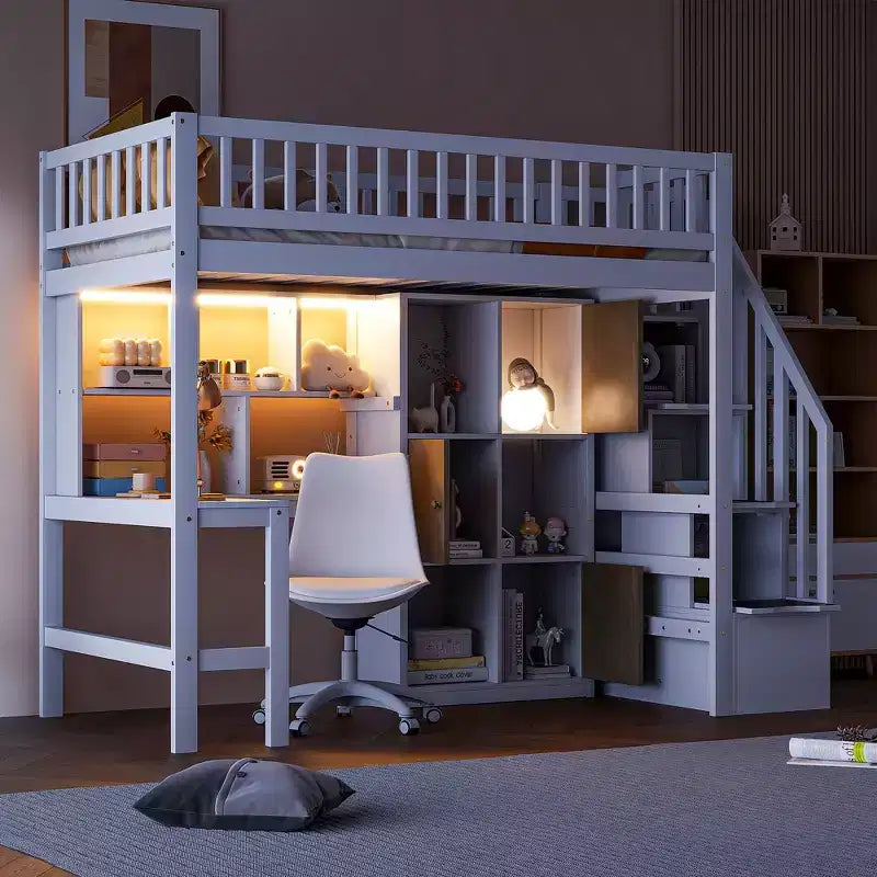 Twin Size Loft Bed with Desk & Storage Stairs, Wood Loft Bed Frame with LED Lights, Storage Shelves and Cabinets