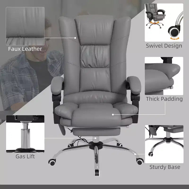 Okak Executive Office Chair with Heat, Massage Computer Chair with Foldable Footrest and Padding Armrest, Swivel Chair for Study, Reading Room