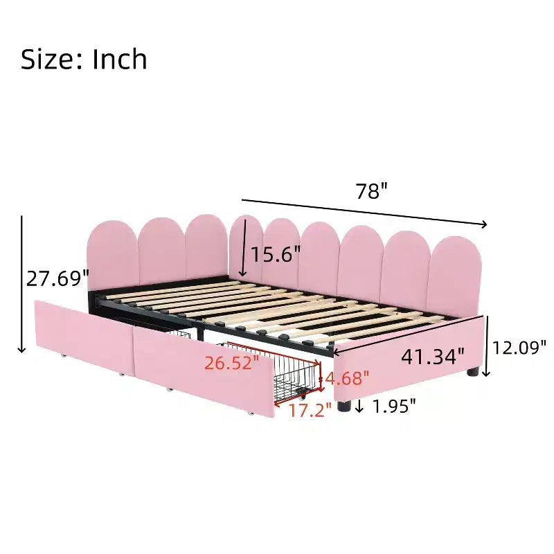 Bellemave Twin Size Upholstered Daybed with 2 Storage Drawers, Velvet L-Shape daybed, upholstered daybed for Bedroom Living Room,Pink
