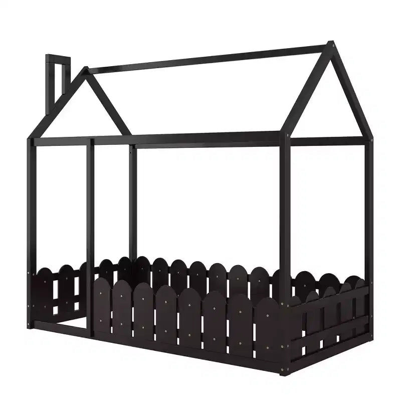Bellemave Twin Floor Bed with Fence, Door and Chimney, Montessori Floor Bed Twin Size, House Floor Bed for Kids, gilrs, Boys, Espresso Montessori Bed