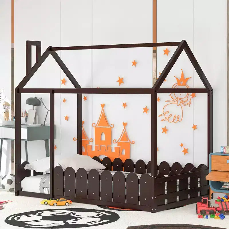 Bellemave Twin Floor Bed with Fence, Door and Chimney, Montessori Floor Bed Twin Size, House Floor Bed for Kids, gilrs, Boys, Espresso Montessori Bed