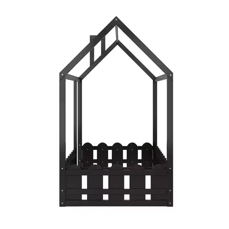 Bellemave Twin Floor Bed with Fence, Door and Chimney, Montessori Floor Bed Twin Size, House Floor Bed for Kids, gilrs, Boys, Espresso Montessori Bed