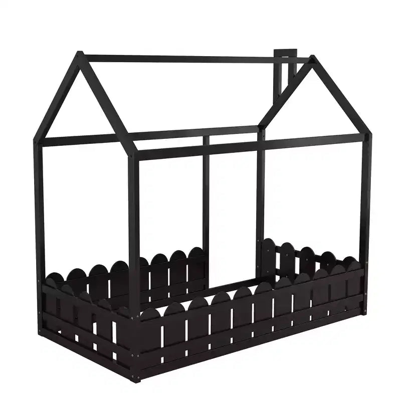 Bellemave Twin Floor Bed with Fence, Door and Chimney, Montessori Floor Bed Twin Size, House Floor Bed for Kids, gilrs, Boys, Espresso Montessori Bed