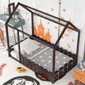 Bellemave Twin Floor Bed with Fence, Door and Chimney, Montessori Floor Bed Twin Size, House Floor Bed for Kids, gilrs, Boys, Espresso Montessori Bed