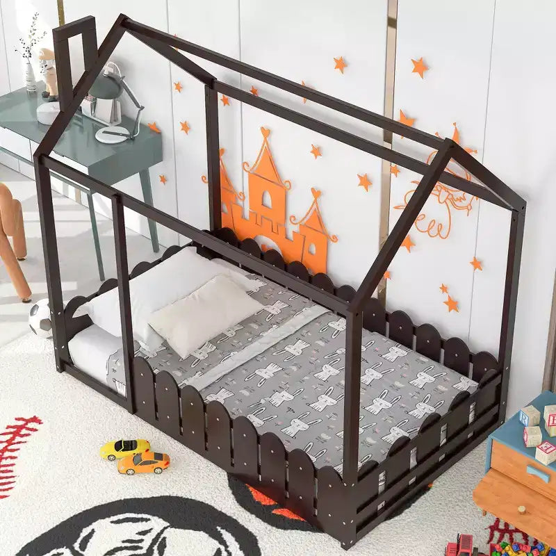 Bellemave Twin Floor Bed with Fence, Door and Chimney, Montessori Floor Bed Twin Size, House Floor Bed for Kids, gilrs, Boys, Espresso Montessori Bed