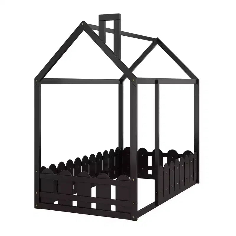 Bellemave Twin Floor Bed with Fence, Door and Chimney, Montessori Floor Bed Twin Size, House Floor Bed for Kids, gilrs, Boys, Espresso Montessori Bed
