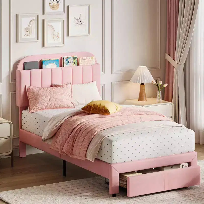 Twin Size Upholstered Platform Bed Frame with Storage Headboard & Under-Bed Drawer, Velvet Bed with Sturdy Metal Slats