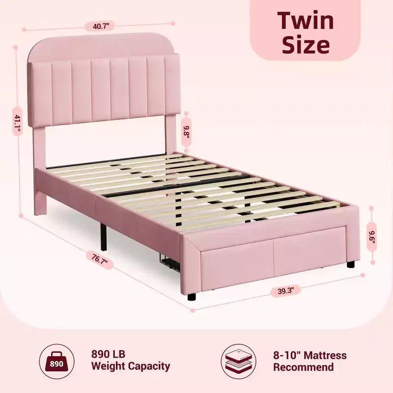 Twin Size Upholstered Platform Bed Frame with Storage Headboard & Under-Bed Drawer, Velvet Bed with Sturdy Metal Slats