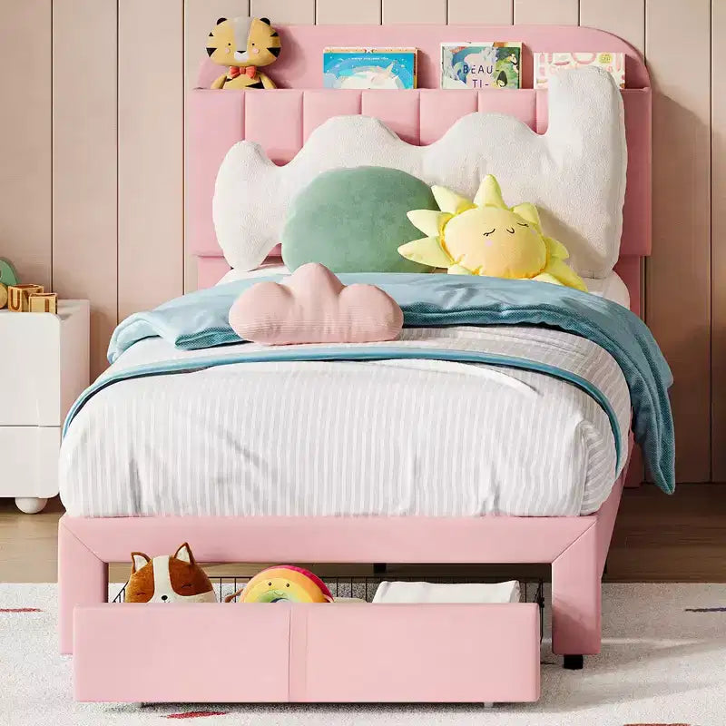 Twin Size Upholstered Platform Bed Frame with Storage Headboard & Under-Bed Drawer, Velvet Bed with Sturdy Metal Slats