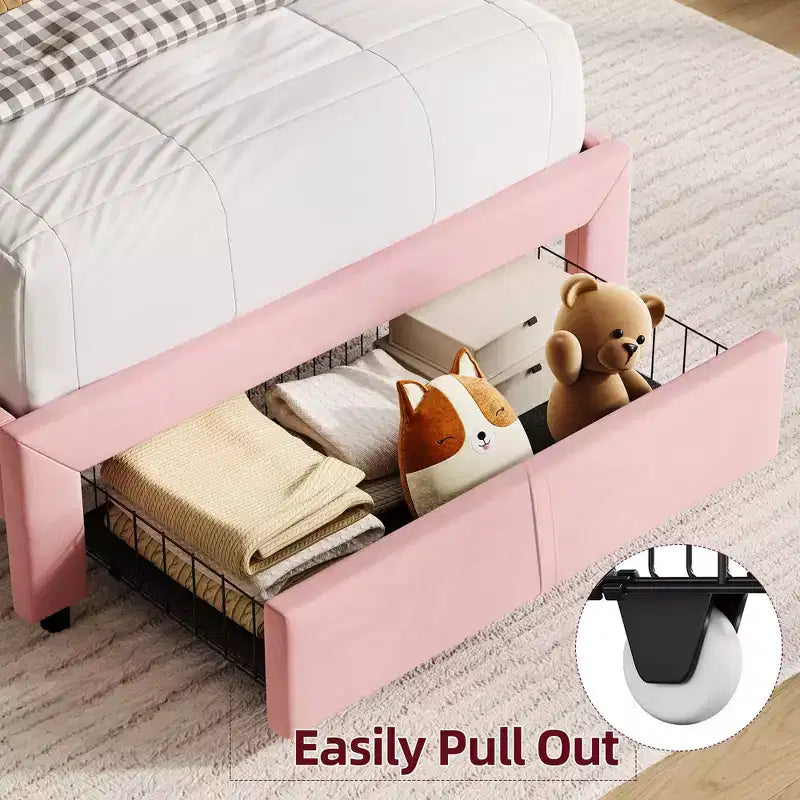 Twin Size Upholstered Platform Bed Frame with Storage Headboard & Under-Bed Drawer, Velvet Bed with Sturdy Metal Slats