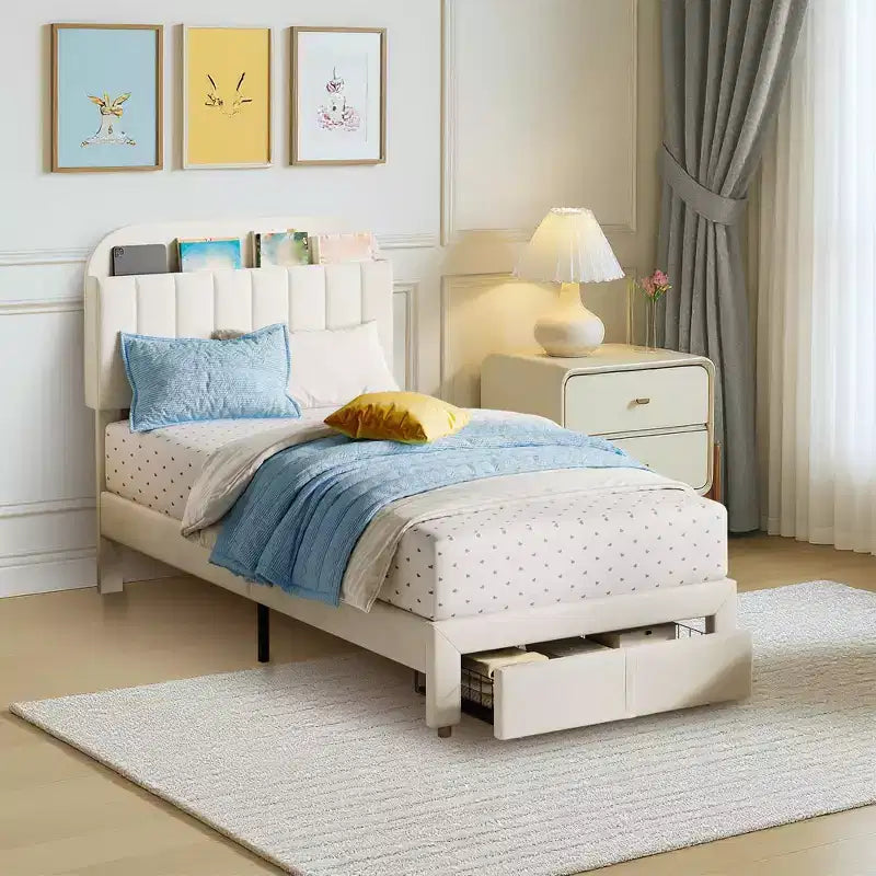 Twin Size Upholstered Platform Bed Frame with Storage Headboard & Under-Bed Drawer, Velvet Bed with Sturdy Metal Slats