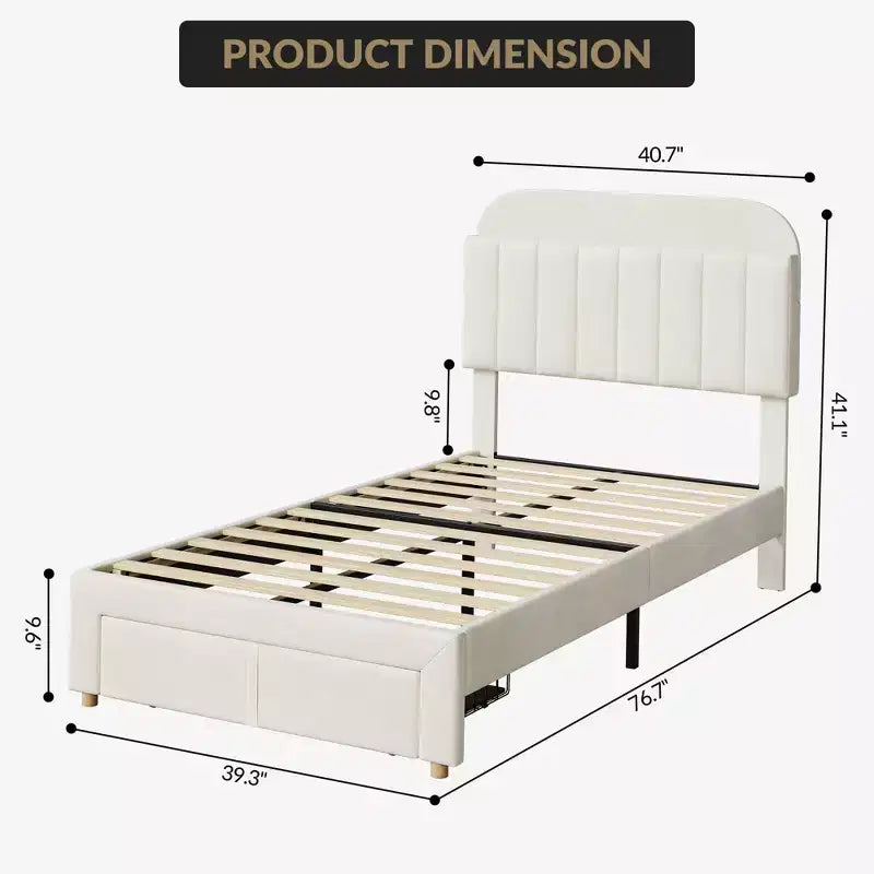 Twin Size Upholstered Platform Bed Frame with Storage Headboard & Under-Bed Drawer, Velvet Bed with Sturdy Metal Slats
