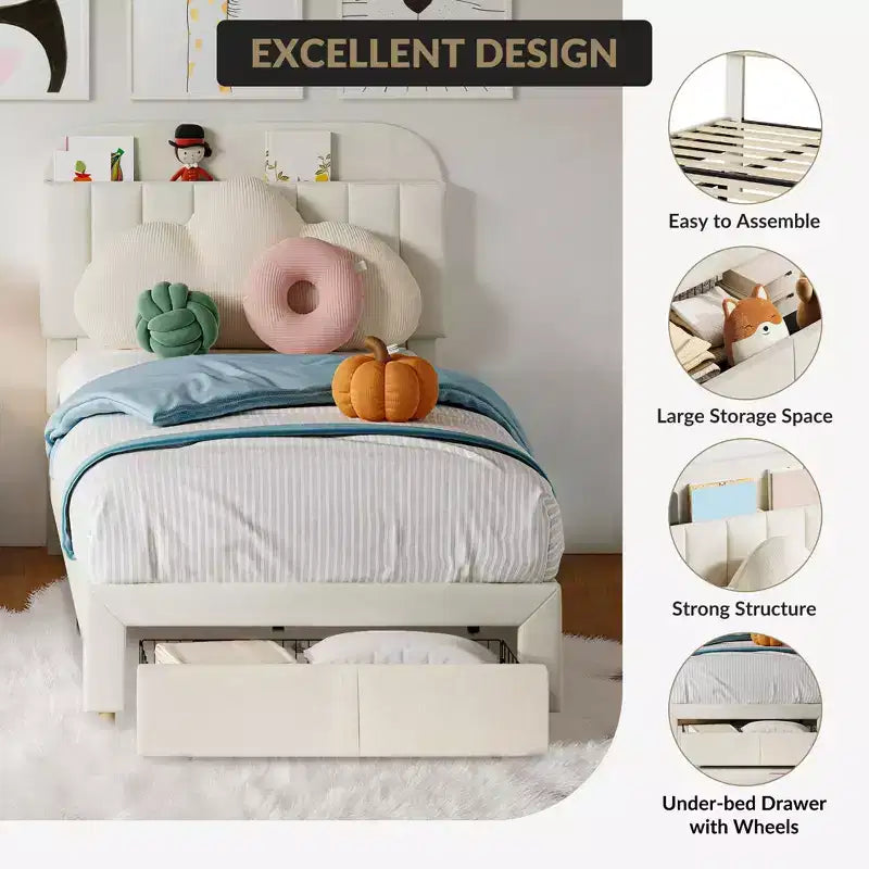 Twin Size Upholstered Platform Bed Frame with Storage Headboard & Under-Bed Drawer, Velvet Bed with Sturdy Metal Slats