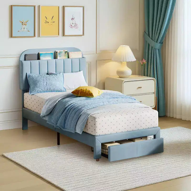 Twin Size Upholstered Platform Bed Frame with Storage Headboard & Under-Bed Drawer, Velvet Bed with Sturdy Metal Slats