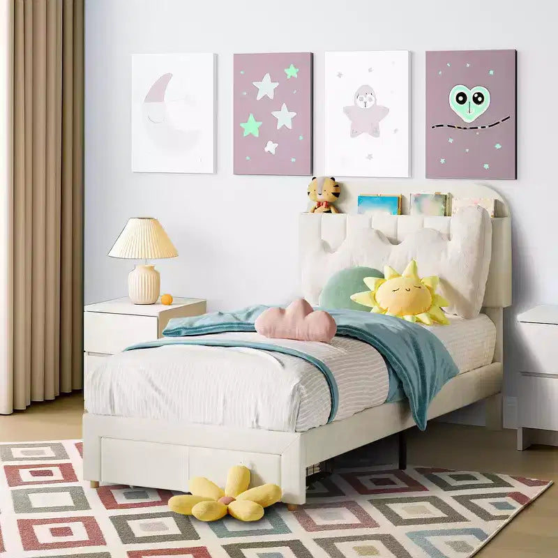 Twin Size Upholstered Platform Bed Frame with Storage Headboard & Under-Bed Drawer, Velvet Bed with Sturdy Metal Slats