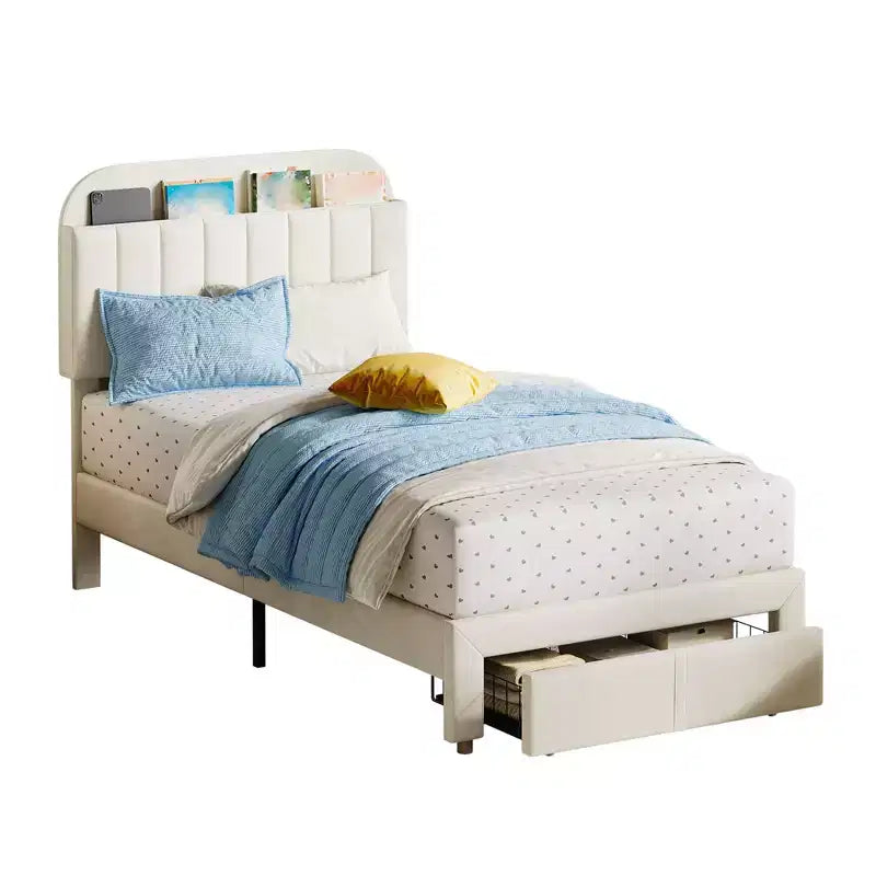 Twin Size Upholstered Platform Bed Frame with Storage Headboard & Under-Bed Drawer, Velvet Bed with Sturdy Metal Slats