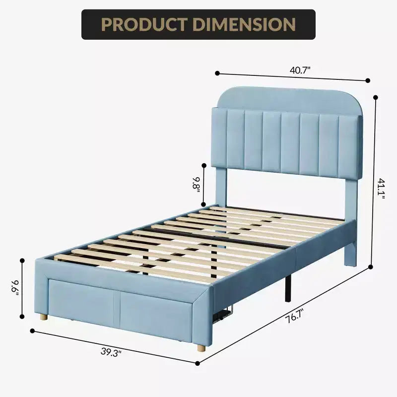 Twin Size Upholstered Platform Bed Frame with Storage Headboard & Under-Bed Drawer, Velvet Bed with Sturdy Metal Slats