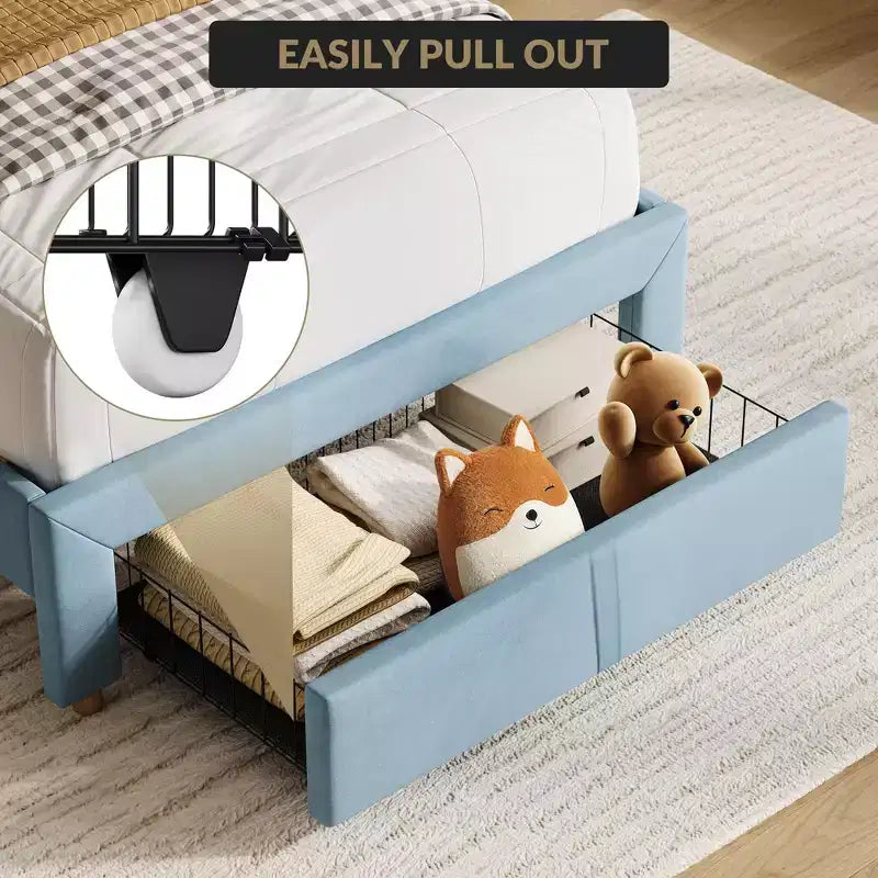 Twin Size Upholstered Platform Bed Frame with Storage Headboard & Under-Bed Drawer, Velvet Bed with Sturdy Metal Slats