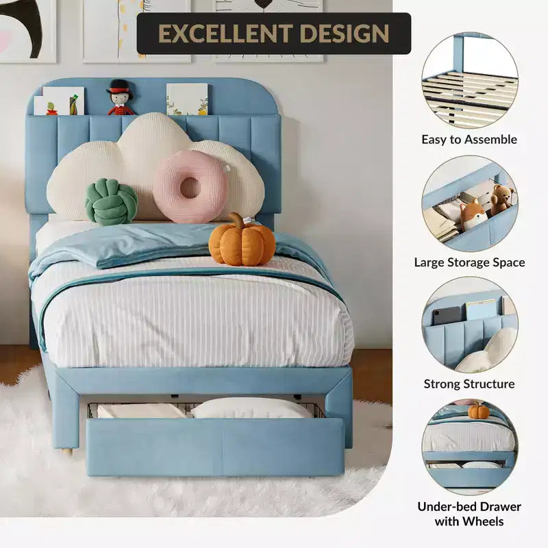 Twin Size Upholstered Platform Bed Frame with Storage Headboard & Under-Bed Drawer, Velvet Bed with Sturdy Metal Slats
