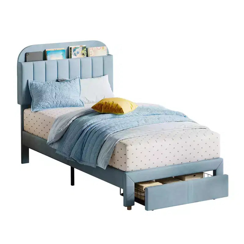 Twin Size Upholstered Platform Bed Frame with Storage Headboard & Under-Bed Drawer, Velvet Bed with Sturdy Metal Slats