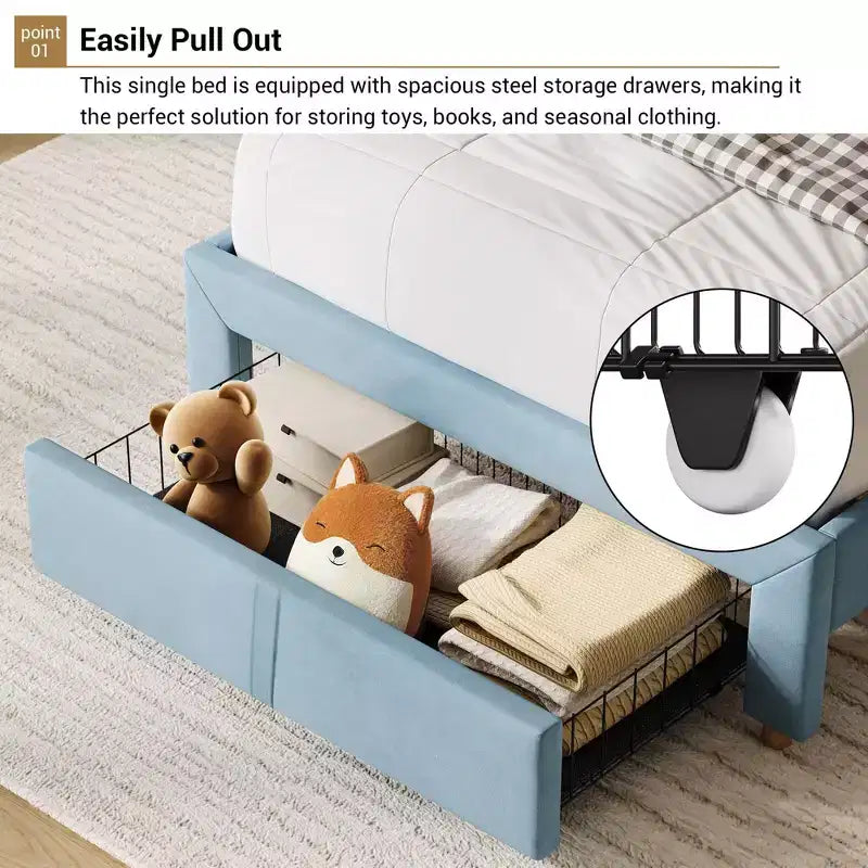 Twin Size Upholstered Platform Bed Frame with Storage Headboard & Under-Bed Drawer, Velvet Bed with Sturdy Metal Slats