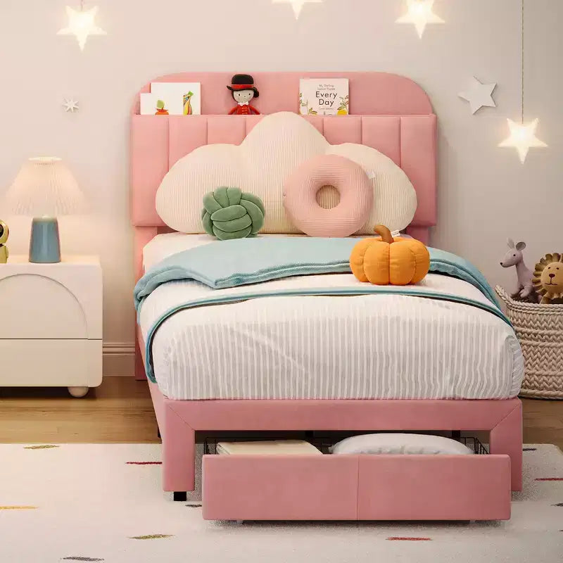 Twin Size Upholstered Platform Bed Frame with Storage Headboard & Under-Bed Drawer, Velvet Bed with Sturdy Metal Slats