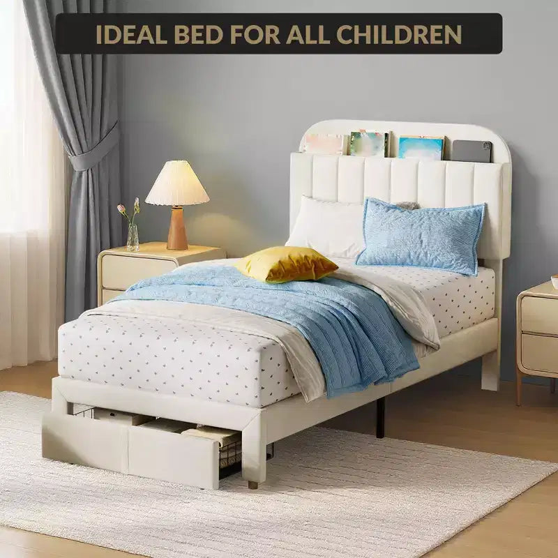 Twin Size Upholstered Platform Bed Frame with Storage Headboard & Under-Bed Drawer, Velvet Bed with Sturdy Metal Slats