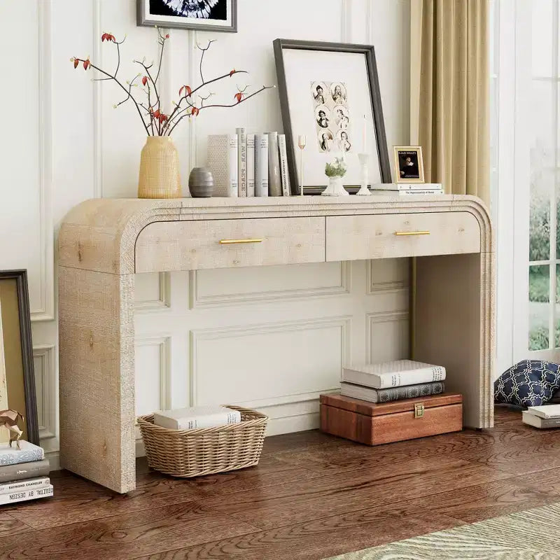 Okak Retro Curved Console Table with Thick Tabletop, Entry Table with 2 Top Drawers and Metal Handle, Accent Table for Dining Room, Living Room
