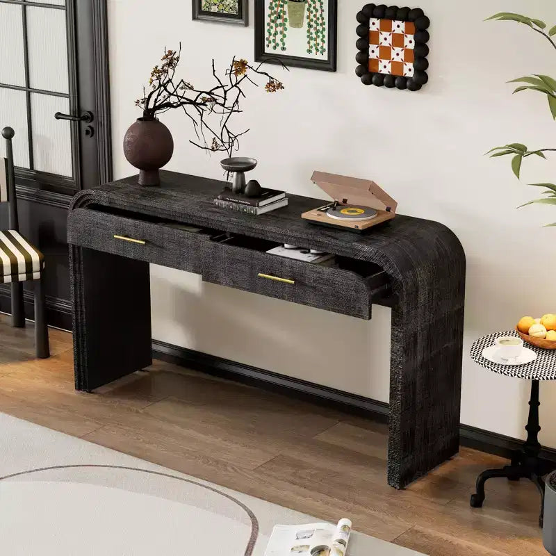 Okak Retro Curved Console Table with Thick Tabletop, Entry Table with 2 Top Drawers and Metal Handle, Accent Table for Dining Room, Living Room