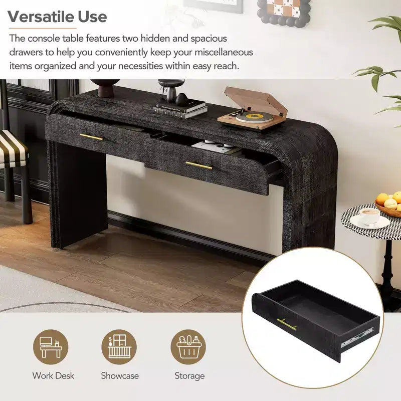 Okak Retro Curved Console Table with Thick Tabletop, Entry Table with 2 Top Drawers and Metal Handle, Accent Table for Dining Room, Living Room