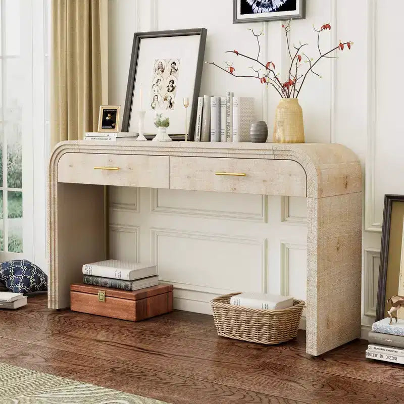 Okak Retro Curved Console Table with Thick Tabletop, Entry Table with 2 Top Drawers and Metal Handle, Accent Table for Dining Room, Living Room