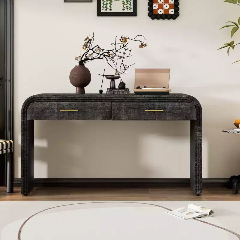 Okak Retro Curved Console Table with Thick Tabletop, Entry Table with 2 Top Drawers and Metal Handle, Accent Table for Dining Room, Living Room
