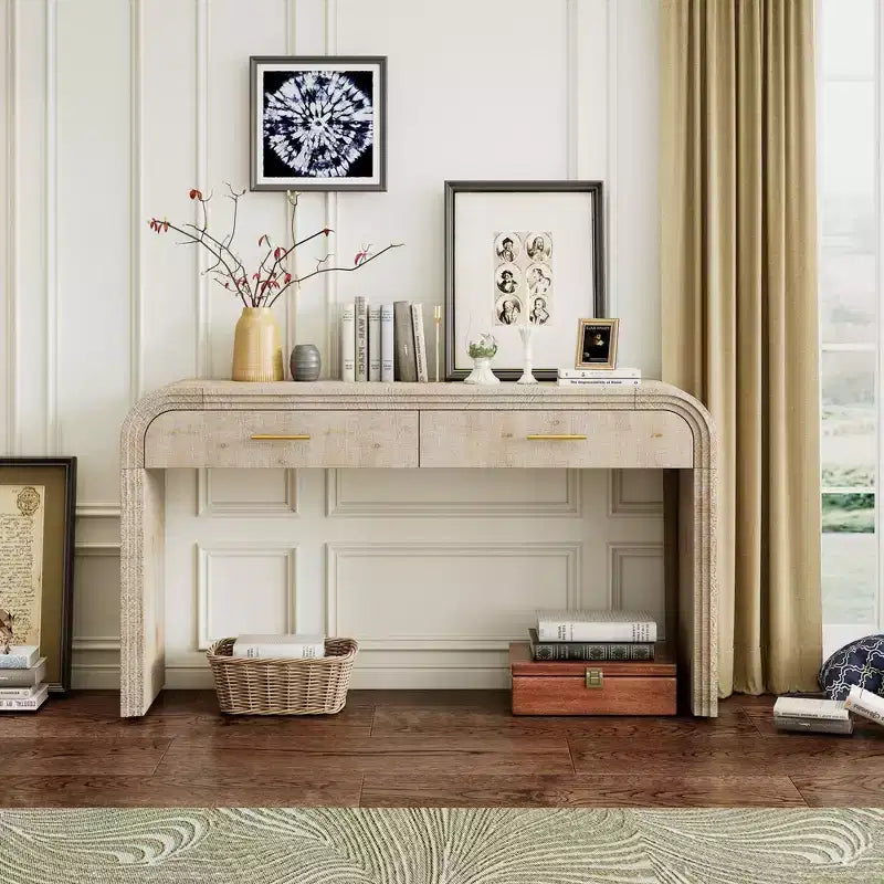 Okak Retro Curved Console Table with Thick Tabletop, Entry Table with 2 Top Drawers and Metal Handle, Accent Table for Dining Room, Living Room