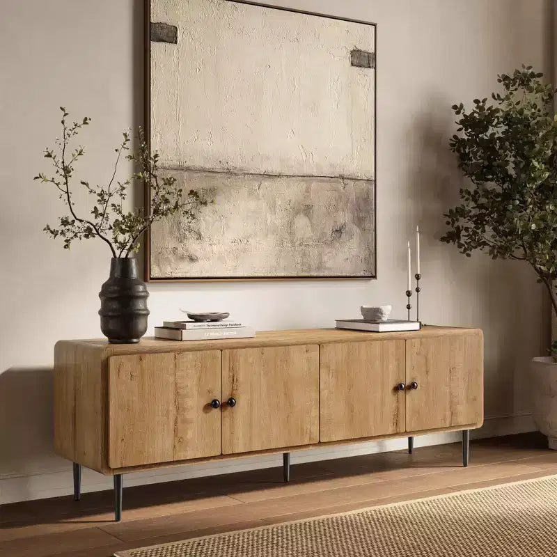 LuxenHome 65 Modern TV Stand for Living Room, Wood TV Console for TVs up to 70, Media Console Cabinet, Light Oak Brown