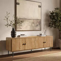 LuxenHome 65 Modern TV Stand for Living Room, Wood TV Console for TVs up to 70, Media Console Cabinet, Light Oak Brown