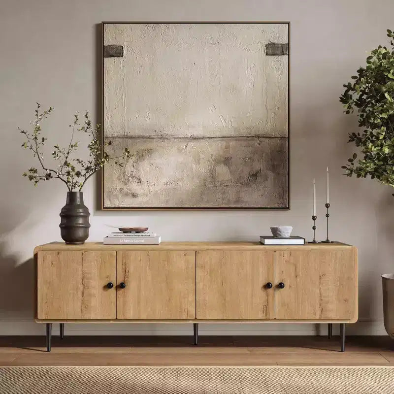 LuxenHome 65 Modern TV Stand for Living Room, Wood TV Console for TVs up to 70, Media Console Cabinet, Light Oak Brown