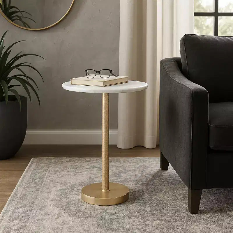 Elegant End Table, Side Table, or Small Night Stand for Room Decor - Bold Hammered Metal Bedside Table with Polished Marble Top for Small Spaces