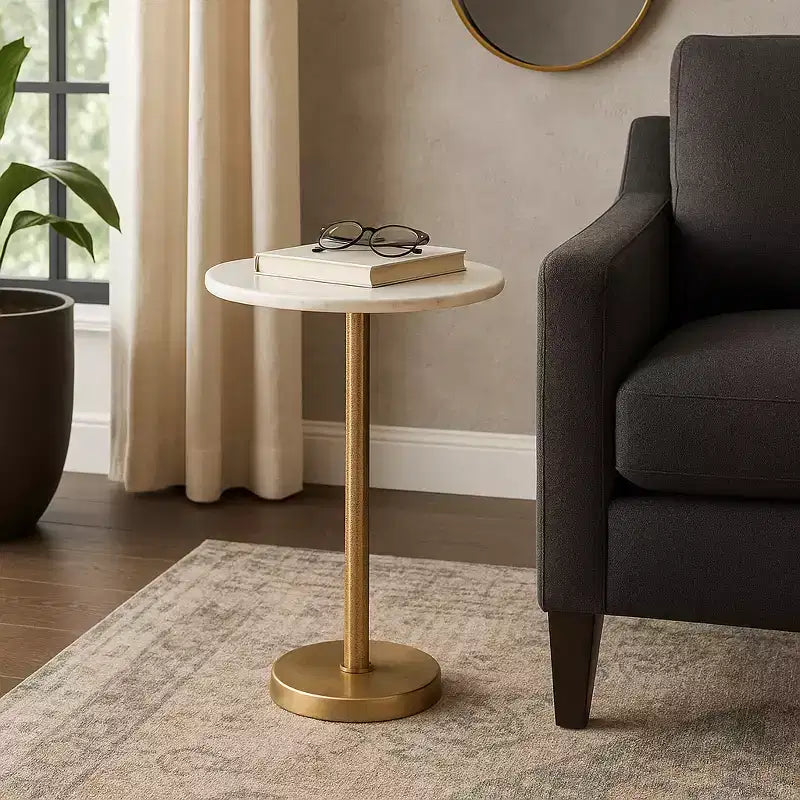Elegant End Table, Side Table, or Small Night Stand for Room Decor - Bold Hammered Metal Bedside Table with Polished Marble Top for Small Spaces