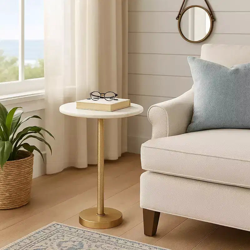 Elegant End Table, Side Table, or Small Night Stand for Room Decor - Bold Hammered Metal Bedside Table with Polished Marble Top for Small Spaces