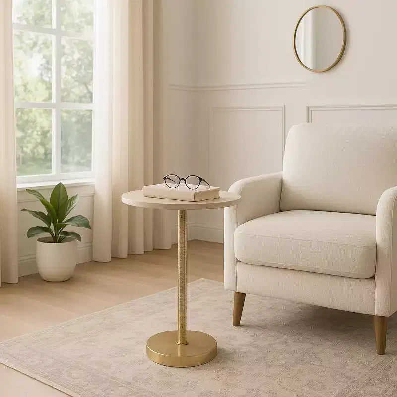 Elegant End Table, Side Table, or Small Night Stand for Room Decor - Bold Hammered Metal Bedside Table with Polished Marble Top for Small Spaces
