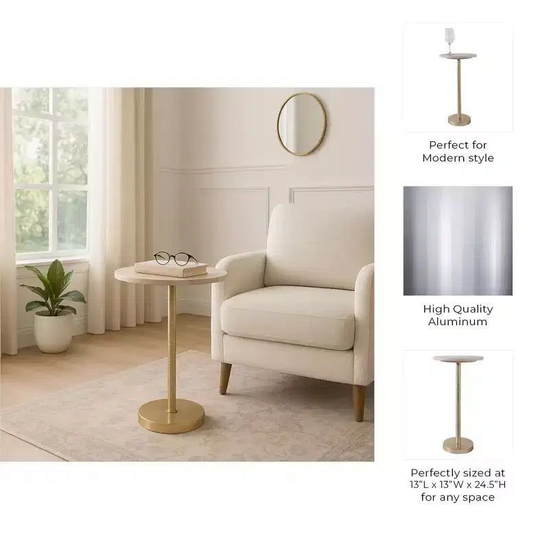 Elegant End Table, Side Table, or Small Night Stand for Room Decor - Bold Hammered Metal Bedside Table with Polished Marble Top for Small Spaces